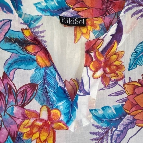 KIKISOL Tunic Top Medium Beach Coverup Cotton White Tropical Floral - Picture 7 of 9